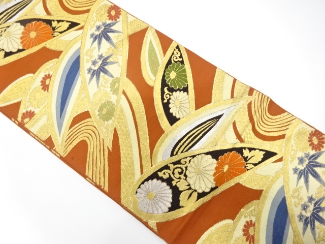 JAPANESE KIMONO / ANTIQUE FUKURO OBI / SILK / WOVEN STREAM & BAMBOO GRASS & FLORAL PLANTS